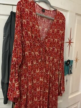 Red Floral Tie-Front Women's Dress 2XL fits like xl